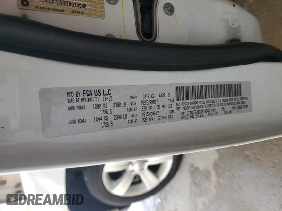 2016 Jeep Compass Latitude с VIN 1C4NJCEA8GD614948, выставлен на аукционе Copart как лот 53073365 с пробегом 147 545 миль миль и На запчасти • Non repairable. История ставок и продаж доступна на DreamBid. Изображение 15.