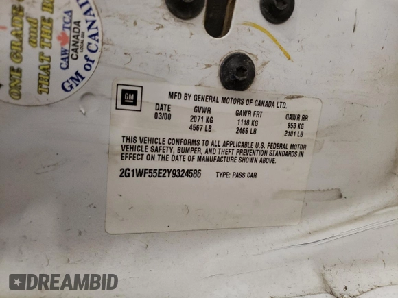 2000 Chevrolet Impala with VIN 2G1WF55E2Y9324586, listed as a Copart auction lot 47386535 with 154,485 mi miles and Salvage title. Bid and sale history available at DreamBid. Image 12.