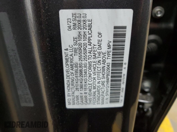 2023 Honda Pilot Elite with VIN 5FNYG1H84PB029043, listed as a Copart auction lot 45360675 with 0 mi miles and Salvage Title. Bid and sale history available at carsss.com. Image 13.