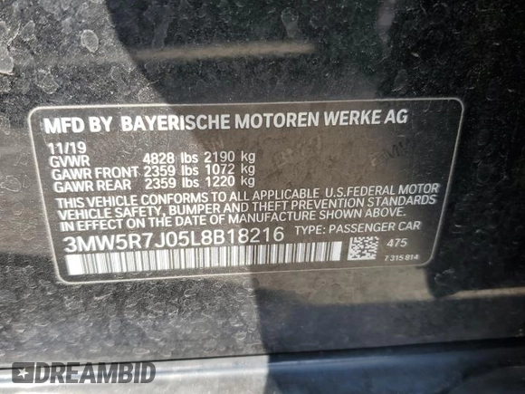 2020 BMW 3 Series 330i xDrive with VIN 3MW5R7J05L8B18216, listed as a Copart auction lot 54901945 with 47,802 mi miles and Salvage Title. Bid and sale history available at DreamBid. Image 12.