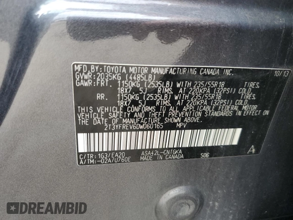 2013 Toyota RAV4 Limited with VIN 2T3YFREV6DW060165, listed as a Copart auction lot 61042955 with 77,374 mi miles and Salvage title. Bid and sale history available at DreamBid. Image 13.