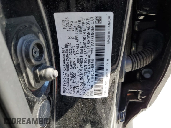 2019 Honda Civic Sedan Sport with VIN 2HGFC2F80KH605890, listed as a Copart auction lot 48865145 with 37,424 mi miles and Salvage Title. Bid and sale history available at carsss.com. Image 13.