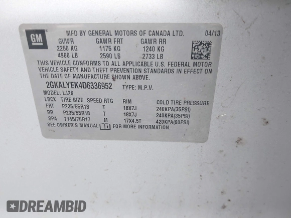 2013 GMC Terrain Denali with VIN 2GKALYEK4D6336952, listed as a IAAI auction lot 42206021 with 174,722 mi miles and . Bid and sale history available at DreamBid. Image 9.