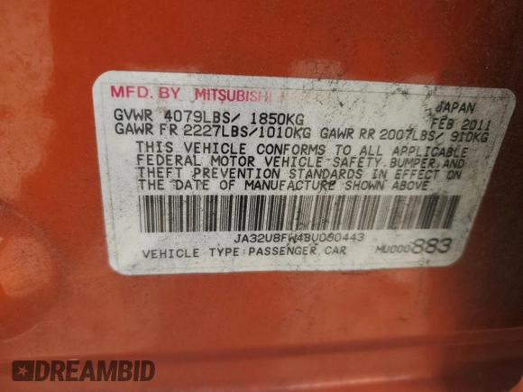 2011 Mitsubishi Lancer GTS with VIN JA32U8FW4BU030443, listed as a Copart auction lot 79494144 with 191,235 mi miles and Salvage Title. Bid and sale history available at DreamBid. Image 13.