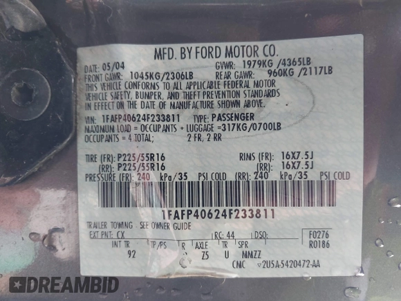 2004 Ford Mustang Standard with VIN 1FAFP40624F233811, listed as a IAAI auction lot 42330396 with 136,091 mi miles and . Bid and sale history available at DreamBid. Image 9.