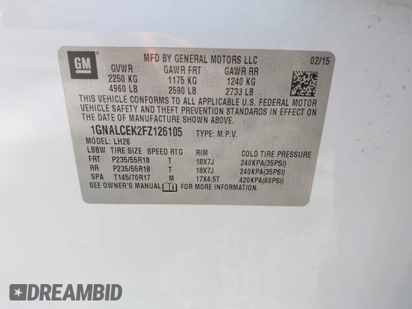2015 Chevrolet Equinox LT with VIN 1GNALCEK2FZ126105, listed as a IAAI auction lot 41856903 with 148,973 mi miles. Bid and sale history available at carsss.com. Image 9.