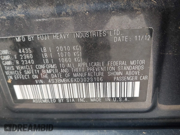 2013 Subaru Legacy Limited with VIN 4S3BMBK6XD3023106, listed as a IAAI auction lot 42614566 with 145,923 mi miles and . Bid and sale history available at DreamBid. Image 9.