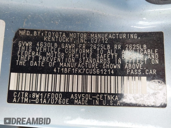 2012 Toyota Camry L z VIN 4T1BF1FK7CU561214, wystawiony jako IAAI lot #42286118 z przebiegiem 182 553 mil mil oraz . Historia ofert i sprzedaży dostępna na DreamBid. Obrazek 9.