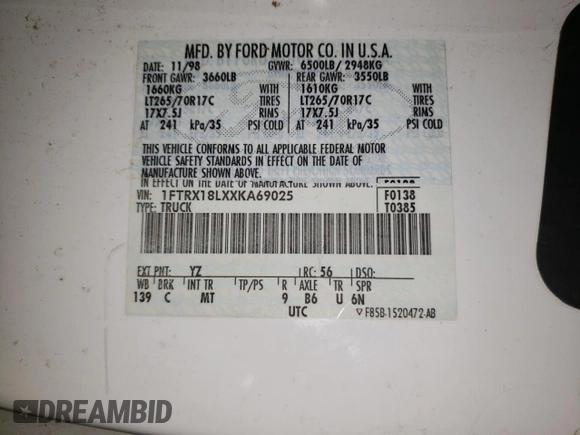 1999 Ford F-150 XL с VIN 1FTRX18LXXKA69025, выставлен на аукционе Copart как лот 57625035 с пробегом Не указан миль и На запчасти • Non repairable. История ставок и продаж доступна на DreamBid. Изображение 12.
