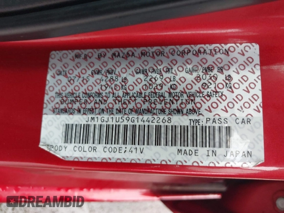 2016 Mazda 6 i Sport with VIN JM1GJ1U59G1442268, listed as a IAAI auction lot 42193461 with 151,207 mi miles and . Bid and sale history available at DreamBid. Image 9.