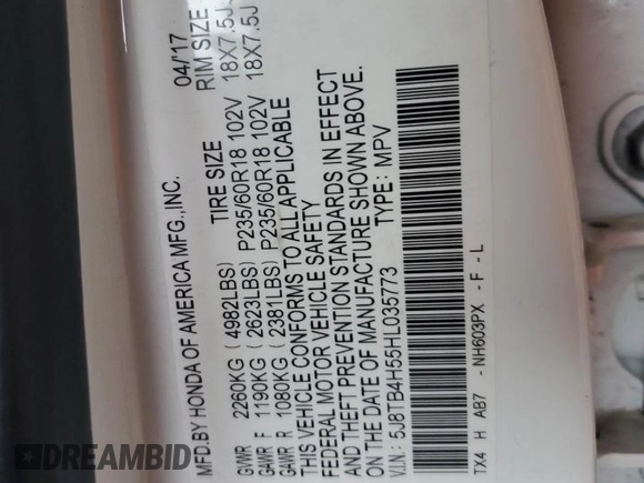 2017 Acura RDX Technology z VIN 5J8TB4H55HL035773, wystawiony jako Copart lot #55647575 z przebiegiem 110 552 mil mil oraz Szkoda całkowita • Salvage title. Historia ofert i sprzedaży dostępna na DreamBid. Obrazek 13.