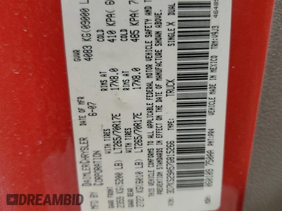 2007 Dodge 2500 SLT с VIN 3D7KS29A57G815266, выставлен на аукционе Copart как лот 53196115 с пробегом 271 270 миль миль и Списание • Salvage title. История ставок и продаж доступна на DreamBid. Изображение 14.