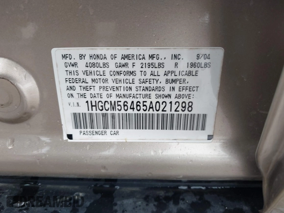 2005 Honda Accord LX with VIN 1HGCM56465A021298, listed as a IAAI auction lot 42474025 with 232,056 mi miles and . Bid and sale history available at DreamBid. Image 9.