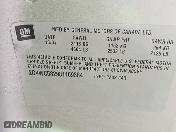 2008 Buick LaCrosse CX with VIN 2G4WC582981169384, listed as a IAAI auction lot 42385136 with 101,504 mi miles and . Bid and sale history available at DreamBid. Image 9.