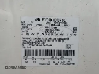 2008 Ford F-150 XLT с VIN 1FTPW125X8FA67029, выставлен на аукционе Copart как лот 59308465 с пробегом 229 041 миль миль и Списание • Salvage title. История ставок и продаж доступна на DreamBid. Изображение 12.