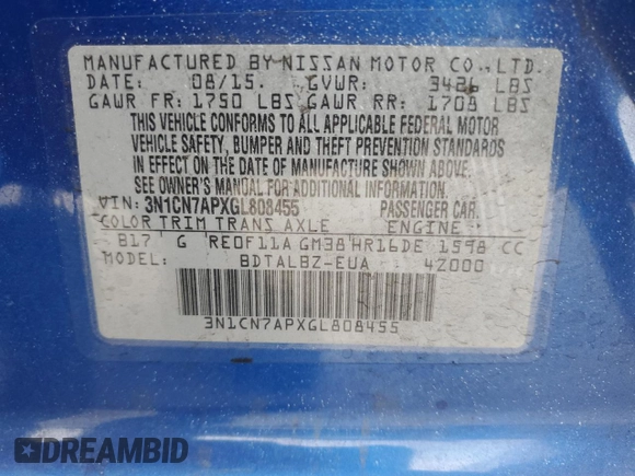 2016 Nissan Versa S z VIN 3N1CN7APXGL808455, wystawiony jako Copart lot #59929105 z przebiegiem 87 412 mil mil oraz Szkoda całkowita • Salvage title. Historia ofert i sprzedaży dostępna na DreamBid. Obrazek 12.