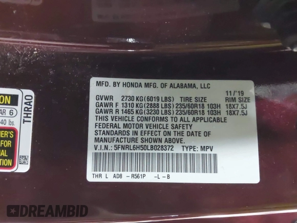 2020 Honda Odyssey EX with VIN 5FNRL6H50LB028372, listed as a IAAI auction lot 40763598 with 38,512 mi miles and . Bid and sale history available at DreamBid. Image 9.