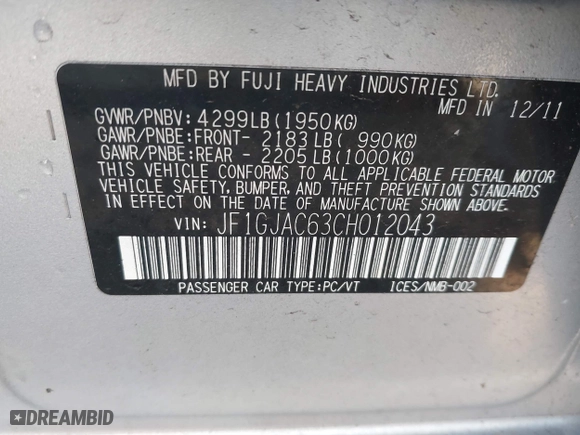 2012 Subaru Impreza Sedan 2.0i Premium with VIN JF1GJAC63CH012043, listed as a IAAI auction lot 41837527 with 112,398 mi miles. Bid and sale history available at carsss.com. Image 9.