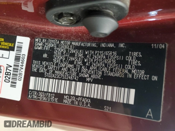 2005 Toyota Sienna CE with VIN 5TDZA23C75S248742, listed as a Copart auction lot 54779615 with 52,865 mi miles and Salvage Title. Bid and sale history available at DreamBid. Image 14.