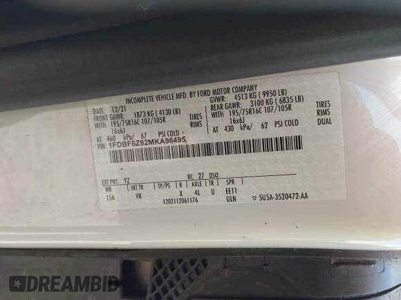 2021 Ford Transit with VIN 1FDBF6Z82MKA96495, listed as a IAAI auction lot 42410967 with 58,254 mi miles and . Bid and sale history available at DreamBid. Image 9.