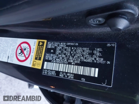 2010 Lexus RX 450h with VIN JTJBC1BA5A2027693, listed as a IAAI auction lot 41898389 with 192,344 mi miles and . Bid and sale history available at DreamBid. Image 9.