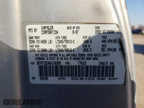 1998 Dodge Ram 2500 with VIN 3B7KF22D8WG102282, listed as a Copart auction lot 42704465 with 266,345 mi miles and Salvage Title. Bid and sale history available at carsss.com. Image 13.