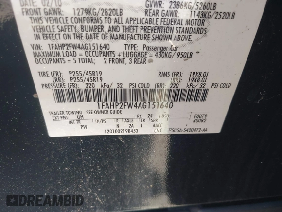 2010 Ford Taurus Limited with VIN 1FAHP2FW4AG151640, listed as a IAAI auction lot 42049305 with 135,769 mi miles. Bid and sale history available at carsss.com. Image 9.