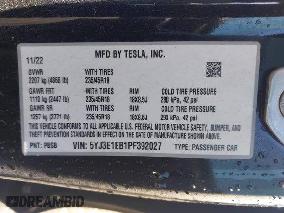 2023 Tesla Model 3 Long Range with VIN 5YJ3E1EB1PF392027, listed as a IAAI auction lot 41983638 with 31,415 mi miles and . Bid and sale history available at DreamBid. Image 9.