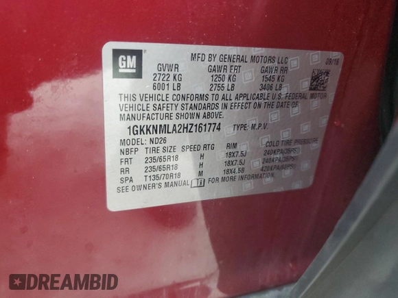 2017 GMC Acadia SLT with VIN 1GKKNMLA2HZ161774, listed as a Copart auction lot 48382065 with 80,477 mi miles and Salvage title. Bid and sale history available at DreamBid. Image 16.
