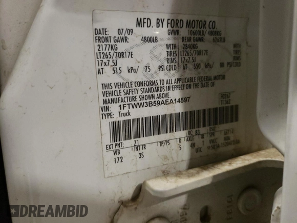 2010 Ford F-350 with VIN 1FTWW3B59AEA14597, listed as a Copart auction lot 52168945 with 173,677 mi miles and Salvage title. Bid and sale history available at DreamBid. Image 12.