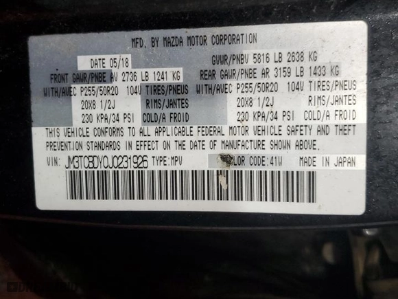 2018 Mazda CX-9 Grand Touring with VIN JM3TCBDY0J0231926, listed as a Copart auction lot 44238675 with 96,815 mi miles and Salvage Title. Bid and sale history available at carsss.com. Image 13.