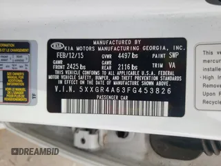 2015 Kia Optima SX Turbo with VIN 5XXGR4A63FG453826, listed as a Copart auction lot 46898225 with 140,782 mi miles and Salvage Title. Bid and sale history available at carsss.com. Image 12.