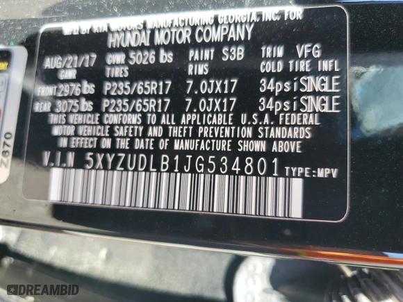 2018 Hyundai Santa Fe Sport 2.4L with VIN 5XYZUDLB1JG534801, listed as a Copart auction lot 49283545 with 70,325 mi miles and Salvage Title. Bid and sale history available at carsss.com. Image 13.