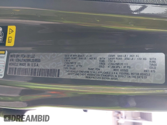 2021 Jeep Gladiator Willys с VIN 1C6HJTAG9ML559555, выставлен на аукционе IAAI как лот 41669066 с пробегом 74 799 миль миль и . История ставок и продаж доступна на DreamBid. Изображение 9.