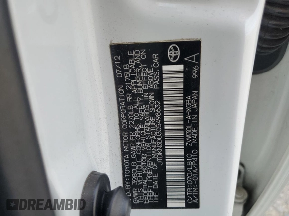 2012 Toyota Prius One with VIN JTDKN3DU3C5498632, listed as a Copart auction lot 47883705 with 127,449 mi miles and Salvage Title. Bid and sale history available at carsss.com. Image 12.