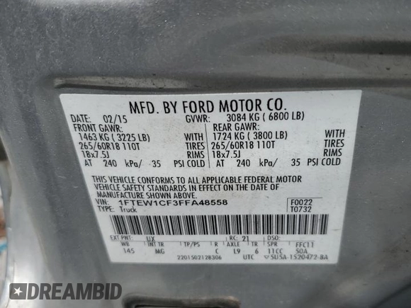 2015 Ford F-150 XL with VIN 1FTEW1CF3FFA48558, listed as a Copart auction lot 62067385 with 151,014 mi miles and Salvage title. Bid and sale history available at DreamBid. Image 12.