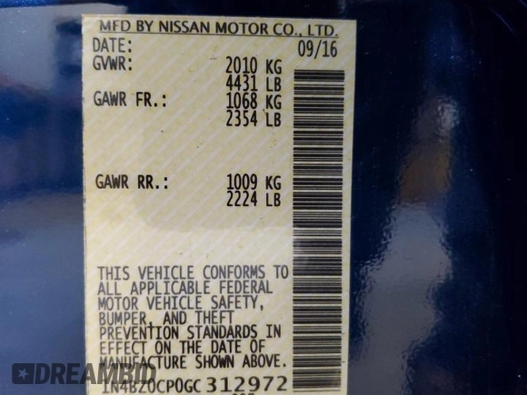 2016 Nissan LEAF S with VIN 1N4BZ0CP0GC312972, listed as a Copart auction lot 83868134 with 181,736 mi miles and Clean Title. Bid and sale history available at carsss.com. Image 12.