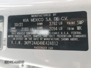 2022 Kia Forte LXS with VIN 3KPF24AD4NE424812, listed as a Copart auction lot 46891245 with 50,679 mi miles and Salvage Title. Bid and sale history available at carsss.com. Image 12.