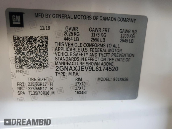 2020 Chevrolet Equinox LT with VIN 2GNAXJEV9L6174520, listed as a Copart auction lot 60227155 with 58,057 mi miles and Salvage title. Bid and sale history available at DreamBid. Image 13.
