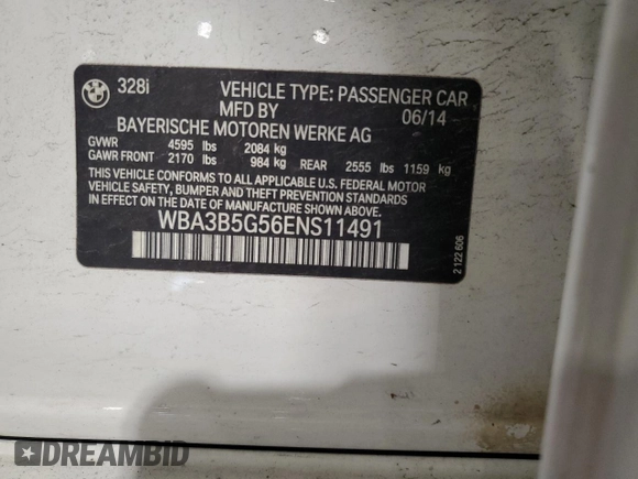2014 BMW 3 Series 328i xDrive with VIN WBA3B5G56ENS11491, listed as a Copart auction lot 59555895 with 87,588 mi miles and Salvage title. Bid and sale history available at DreamBid. Image 12.