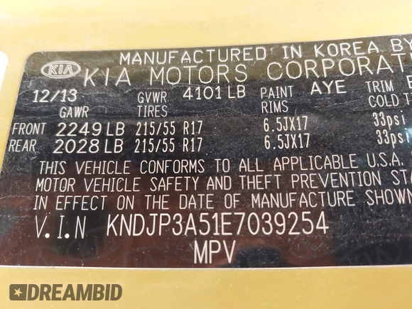 2014 Kia Soul + with VIN KNDJP3A51E7039254, listed as a IAAI auction lot 42121529 with 149,966 mi miles and . Bid and sale history available at DreamBid. Image 9.