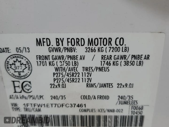 2013 Ford F-150 XL с VIN 1FTFW1ET7DFC37461, выставлен на аукционе Copart как лот 58467035 с пробегом 229 607 миль миль и Чистый • Clean title. История ставок и продаж доступна на DreamBid. Изображение 12.