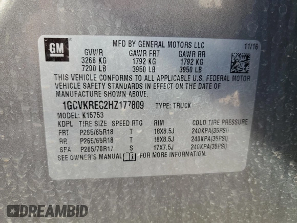 2017 Chevrolet Silverado 1500 LT with VIN 1GCVKREC2HZ177809, listed as a Copart auction lot 42598545 with 92,772 mi miles and Clean Title. Bid and sale history available at DreamBid. Image 12.