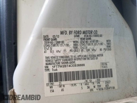 2012 Ford F-250 XL with VIN 1FT7W2BT4CEB38888, listed as a IAAI auction lot 42832837 with 144,447 mi miles and . Bid and sale history available at DreamBid. Image 3.