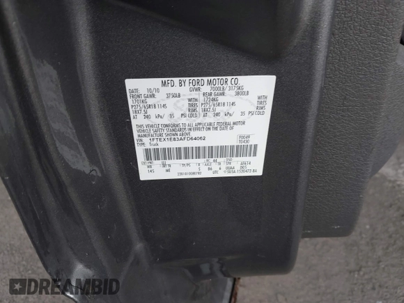 2010 Ford F-150 XL with VIN 1FTEX1E83AFD64062, listed as a IAAI auction lot 42550600 with 135,059 mi miles and . Bid and sale history available at DreamBid. Image 9.