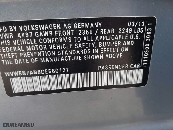 2013 Volkswagen CC Sport with VIN WVWBN7AN8DE560127, listed as a IAAI auction lot 41187465 with 157,182 mi miles. Bid and sale history available at carsss.com. Image 9.