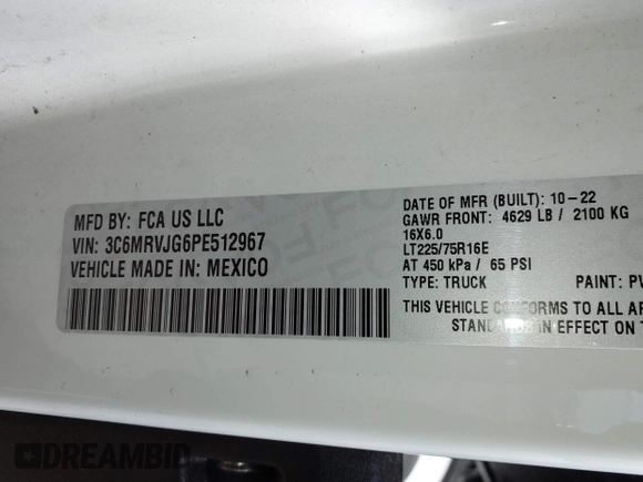 2023 Ram ProMaster Cargo with VIN 3C6MRVJG6PE512967, listed as a IAAI auction lot 41728126 with 102,133 mi miles and . Bid and sale history available at DreamBid. Image 9.