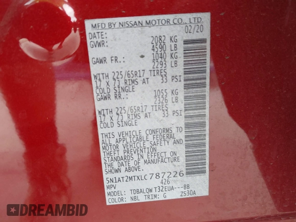 2020 Nissan Rogue SL with VIN 5N1AT2MTXLC787226, listed as a IAAI auction lot 41586213 with 33,281 mi miles. Bid and sale history available at carsss.com. Image 9.