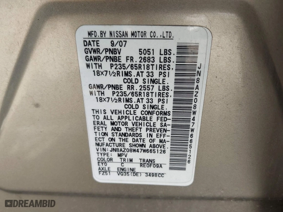 2007 Nissan Murano S with VIN JN8AZ08W47W665126, listed as a IAAI auction lot 41831533 with 160,033 mi miles. Bid and sale history available at carsss.com. Image 9.