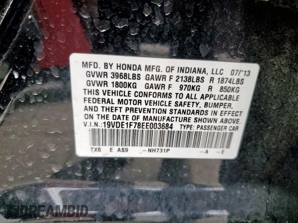2014 Acura ILX Tech Pkg with VIN 19VDE1F78EE003684, listed as a Copart auction lot 53689565 with 123,676 mi miles and Salvage Title. Bid and sale history available at carsss.com. Image 13.